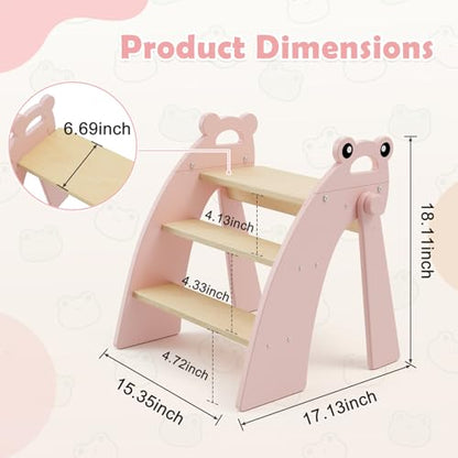 Wooden 3 Step Stool for Kids Bathroom Sink Foldable Anti-Slip, Child Stepping Stool for Kitchen Nursery Bedroom, Sturdy Non Slip Adult Stool for Closet - color: Pink Frog