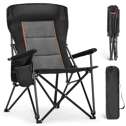 ALPHA CAMP Oversized Folding Camping Chairs for Adults High Backrest Heavy Duty Lawn Chairs Support 500 LBS Portable Camp Chairs with Cup Holders Large Side Pocket Outdoor Chair - color: Black
