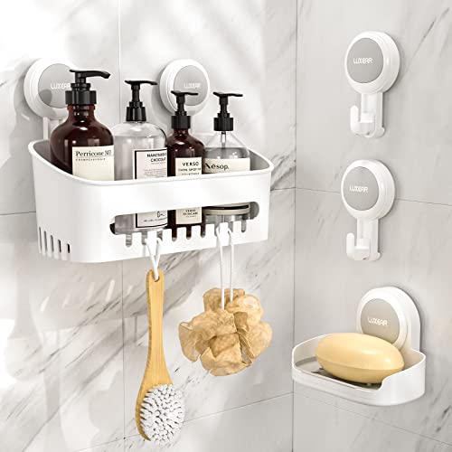 LUXEAR 4 Pack Shower Caddy Set - Suction Cup Shower Shelf+Soap Dish+Hooks - 1 Sec Installation NO-Drill Removable Powerful Waterproof Organizer for Bathroom/Kitchen/RV 22LBS Capacity Removable - color: White