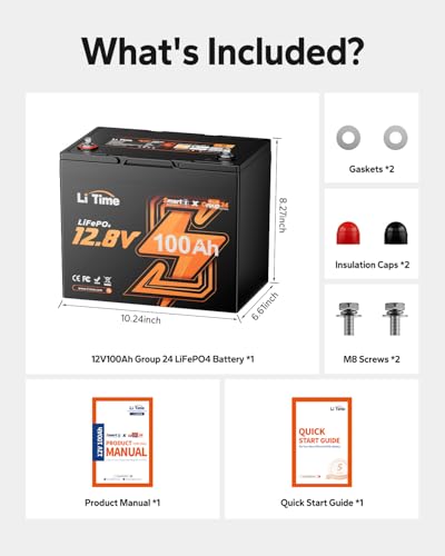 LiTime 12V 100Ah Group 24 LiFePO4 Battery, Bluetooth Solar Lithium RV Battery, Up to 15000 Deep Cycles, 1280Wh Energy for Camper, Trailer, Van, Trolling Motors, Marine, Off Grid. - size: 100Ah Bluetooth (Group 24)