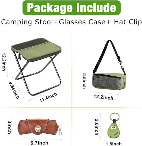 Portable Ultralight Collapsible Camping Stool,Stool Folding Chair,Lightweight Handy Fishing Stool 350 LB,Backpack Pocket Stool for Hiking Picnic Travel with Sunglass Bag and Magnetic Hat Clip - color: Green+large