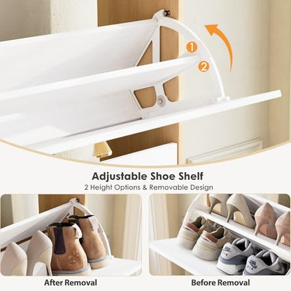 Nicetree Shoe Cabinet with 2 Flip Drawers, Narrow Shoe Organizer Cabinet, Freestanding Shoe Rack Cabinet, Modern Shoe Storage Cabinet for Entryway, Hallway, Foyer, Natural Oak and White with Hook - color: Natural Oak and White, style: 2-Drawers with Hook
