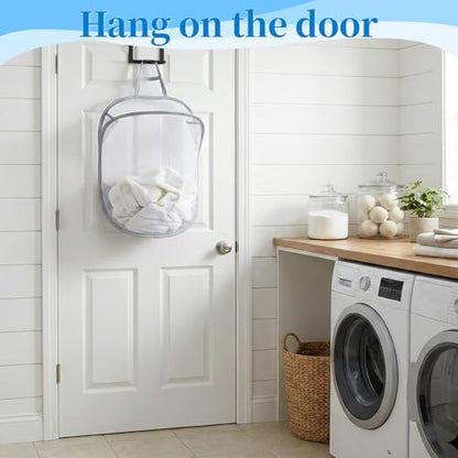 2 Pack Mesh Foldable Hanging Laundry Hamper, Small Wall Laundry Baskets Space-Saving Wall Hamper Portable Dirty Clothes Organizer for Home, Dorms, Hotels, RVs Grey White