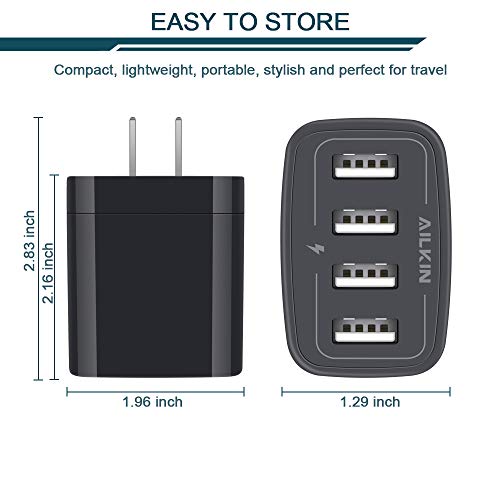 Wall Charger, USB Charger Adapter, AILKIN 4.8A 4Multi Port Fast Charging | USBA Station Power Base Block Plug Cube Brick for iPhone 17 16 15 14 SE 13 12 Pro Max/X/Plus, Samsung A17/S25/S26 Kindle Plug - color: Black