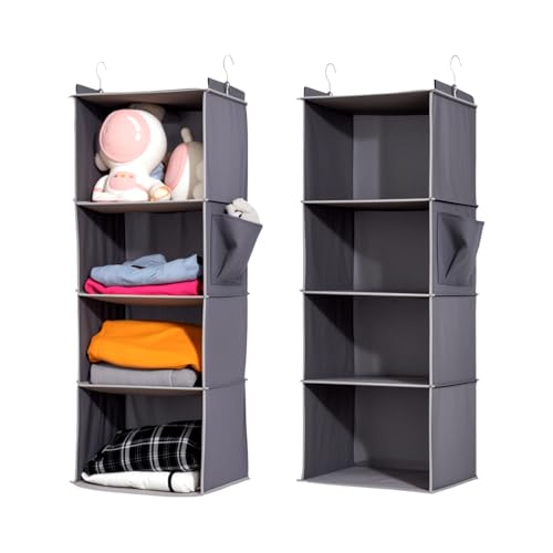 2 Packs Hanging Closet Organizer, 4-Shelf Closet Organizers and Storage with Side Pockets, Collapsible Hanging Shelves for Closet & RV & College Dorm,Grey - color: Grey, size: 2 # 4 Shelves