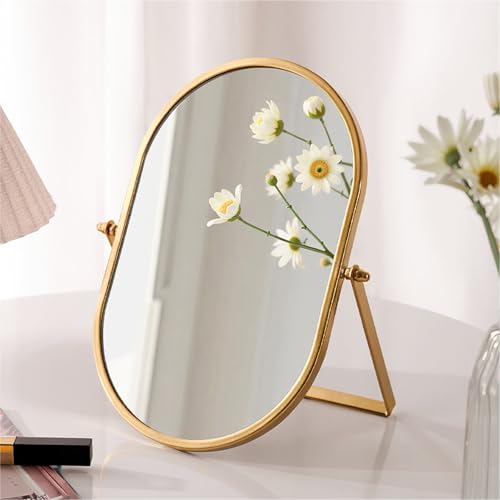 Tabletop Mirrors Makeup Mirror Portable Vanity with Metal Frame Desk Table Mirror with 180°Adjust Dressing Room Rotate Good for Bedroom Bathroom - color: Gold, size: 11"L x 7"W
