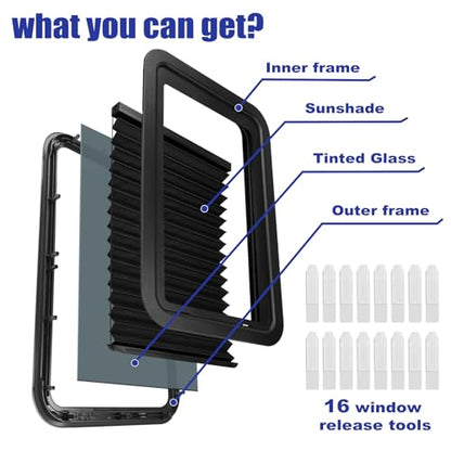 806621 Complete RV Entry Door Window Kit with Low-Profile Shade 12'' W x 21'' H Black, Compatible with Lippert RV Doors