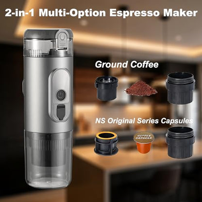 Portable Electric Espresso Machine Self-Heating Travel Coffee Maker 2-in-1 Compatible with Ground Coffee & NS Capsules for Camping, RV, Car, Hiking & Office, Gray - color: Gray