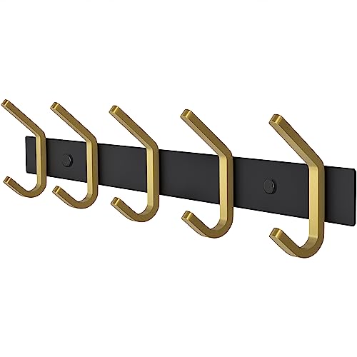 Coat Rack Wall Mount – Black and Gold Hook Rail with 5 Double Coat Hooks, 15 Inch Stainless Steel Wall Hooks for Entryway, Bathroom, Bedroom, Closet, Towel, Hat, Bag, Heavy Duty Organizer - color: Black + Gold, size: 5 Hooks - 1 Pack