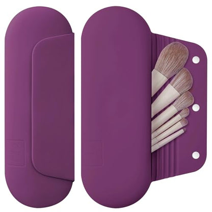 AGIKET Silicone Makeup Brush Holder Travel Cosmetic Bag：Soft Portable Cosmetic Face Brushes Holder with Upgrade Anti-Fall Out Magnetic Closure, Large Travel Makeup Brush Case - Dark Pruple - color: Dark Pruple, style: Brush Holder
