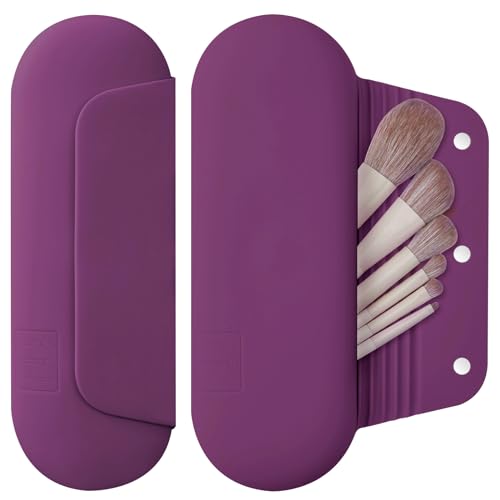 AGIKET Silicone Makeup Brush Holder Travel Cosmetic Bag：Soft Portable Cosmetic Face Brushes Holder with Upgrade Anti-Fall Out Magnetic Closure, Large Travel Makeup Brush Case - Dark Pruple - color: Dark Pruple, style: Brush Holder