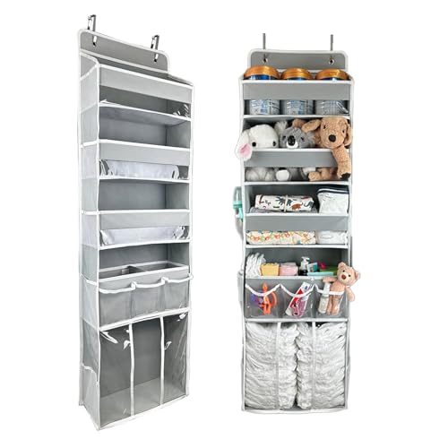 Door Hanging Storage Organizer,with 3 Bins 1 Movable Baby Diaper Caddy,1 Large capacity diaper stacking storage Organizer,10 Side Pockets ,Bedroom Door Storage for Nursery Baby Essentials.Grey 1 Pack. - color: grey
