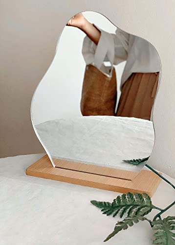 Irregular Aesthetic Vanity Mirror Frameless, Decorative Desk Tabletop Acrylic Mirrors with Wooden Stand for Living Room, Bedroom, Office and Minimal Spaces Home Decor - Cloud Shape