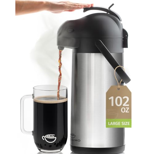 Cresimo Coffee Carafe with Pump - 102oz / 3L Airpot 12 Hours Large Hot Water Carafe, Cocoa Dispenser for Parties - Tea Flask, Insulated Stainless Steel Airpots for Hot Beverage Dispenser -Coffee Pump - color: Silver, size: 102 Ounces