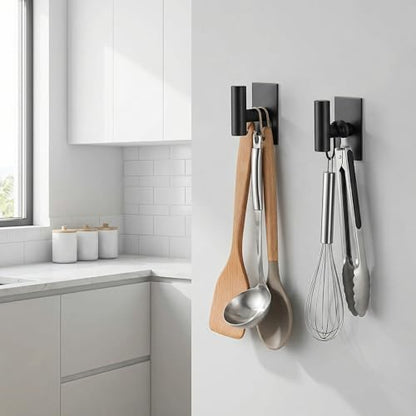 Self-Adhesive Coat Hooks,Towel Hooks for Bathroom,2 Packs Wall Mount Towel Holder,Black Matte Wall Robe Hook,Stainless Steel Heavy Duty Door Hanger Towel Hook for Kitchen,Bathroom