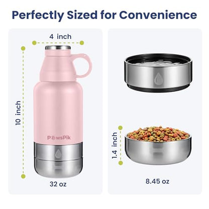 PawsPik 32oz 3-in-1 Travel Dog Water Bottle & Bowl Set – Stainless Steel Vacuum-Insulated Bottle with Detachable Food & Water Bowls, Leak-Proof, Keeps Water Cold 12hrs/Hot 6hrs (Cherry Blossom Pink) - color: Cherry Blossom Pink
