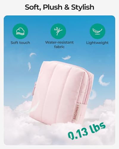 BAGSMART Small Travel Makeup Bag for Purse Toiletry Pouch, Puffy Padded Mini Cosmetics Bag, Cute Make Up Pouch for Women with Slip-in Pocket, Travel Essentials for Toiletries, Purple - color: 06-Purple
