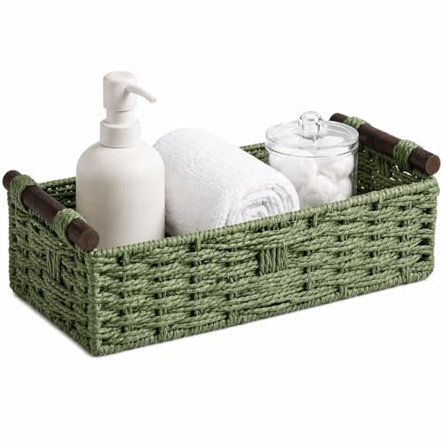 Sage Green Woven Bathroom Basket with Wood Handles — Toilet Paper Storage Organizer, Green Wicker Back of Toilet Basket, Boho Sage Green Bathroom Decor Tray for Tank Top or Shelf - color: Olive Green