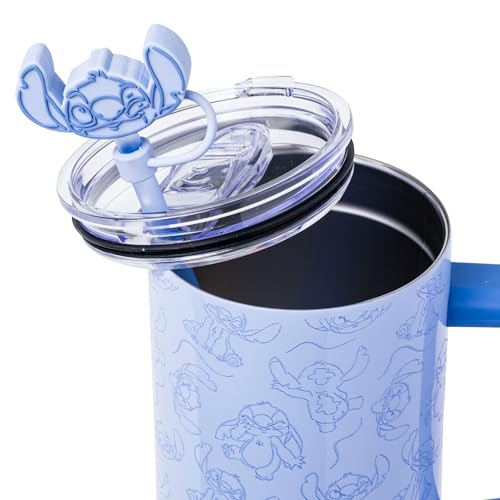 Silver Buffalo Disney Lilo and Stitch Poses Pattern Double Walled Stainless Steel Tumbler with Handle, Straw, and Straw Cap, Fits in Standard Cup Holder, 40 Ounces - color: Disney Lilo and Stitch Poses