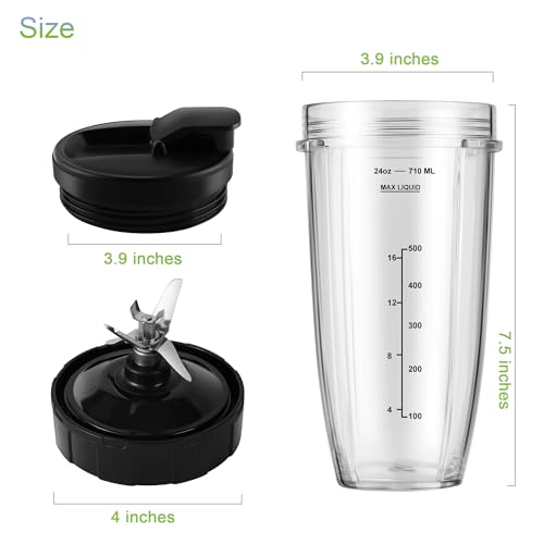 MEET JUICE 7-Fin Blender Replacement Parts for Ninja BL480 BL640 BL642 – 24oz Cup with Lid and Blade, Fits 7-Fin Drive Systems Only