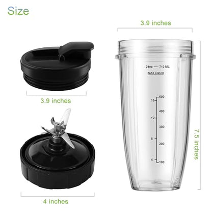 MEET JUICE 7-Fin Blender Replacement Parts for Ninja BL480 BL640 BL642 – 24oz Cup with Lid and Blade, Fits 7-Fin Drive Systems Only