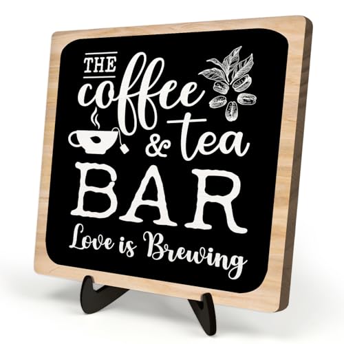 Coffee Bar Plaque, Vintage Desk Decor for Home or Office,Cafe Bar Accessories -The Coffee&Tea Bar Love is Brewing,Coffee Lovers Kitchen Accessories 5.9x5.9inch - color: Black-coffee