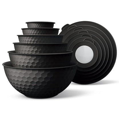 COOK WITH COLOR Mixing Bowls with Lids - 12 Piece Plastic Nesting Bowls Set includes 6 Prep Bowls and 6 Lids, Microwave Safe Mixing Bowl Set, Black Embossed - color: Black Embossed