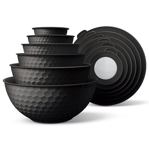 COOK WITH COLOR Mixing Bowls with Lids - 12 Piece Plastic Nesting Bowls Set includes 6 Prep Bowls and 6 Lids, Microwave Safe Mixing Bowl Set, Black Embossed - color: Black Embossed