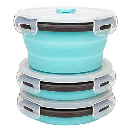CCyanzi 3piece Round Collapsible Bowl with Lids, Silicone Food Storage Containers, Microwave & Freezer Safe, Space Saving for Kitchen Cabinet and Camping Backpack,(Blue Gray) - color: blue with gray