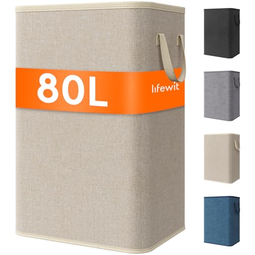Lifewit 80L Large Tall Laundry Hamper, Collapsible Laundry Basket with Handles, Foldable Clothes Hampers for Laundry, Portable Dirty Clothes Hamper for Dorm College Bedroom Bathroom, Beige - color: Beige, size: 80L
