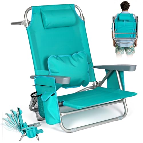 Backpack Beach Chair for Adults, 5 Positions Reclining Portable Lounge Chair Folding Chair for Outside, Cooler Bag Cup Holder Camp Chair Outdoors Pools Lawn Sand - color: Teal