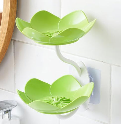 Soap Dish Holder for Shower Bar Double Layer Cute Lotus Shape Adhesive Tray Sink Wall Mounted Shampoo NO-Drilling Self Draining Hanging Saver Rack Plastic Bathroom Bathtub Kitchen，Green - color: D-green