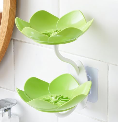 Soap Dish Holder for Shower Bar Double Layer Cute Lotus Shape Adhesive Tray Sink Wall Mounted Shampoo NO-Drilling Self Draining Hanging Saver Rack Plastic Bathroom Bathtub Kitchen，Green - color: D-green