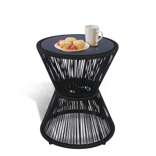 SUNNYPARK Outdoor Side Table 20'' H Small End Tables Woven Rope Weather Resistant with Glass Top Round Coffee Table for Indoor Balcony Patio Poolside (Black) - color: Black