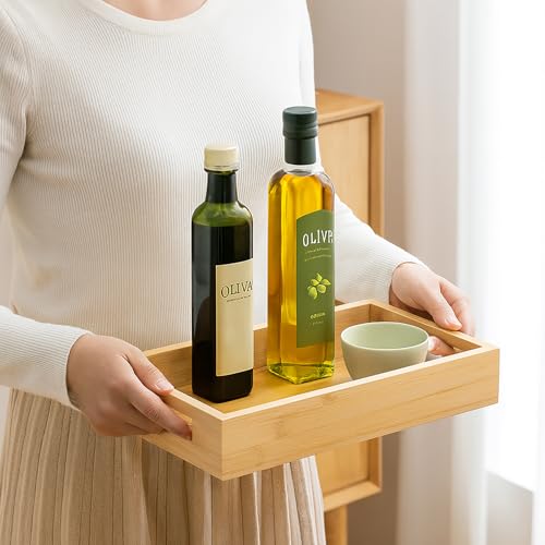 Tray for Oil Bottles Kitchen Counter – Bamboo Organizer with Handles, Waterproof Coating & Non-Slip Feet, Condiment Holder for Spices, Sauces & Seasoning Jars (2, Natural)