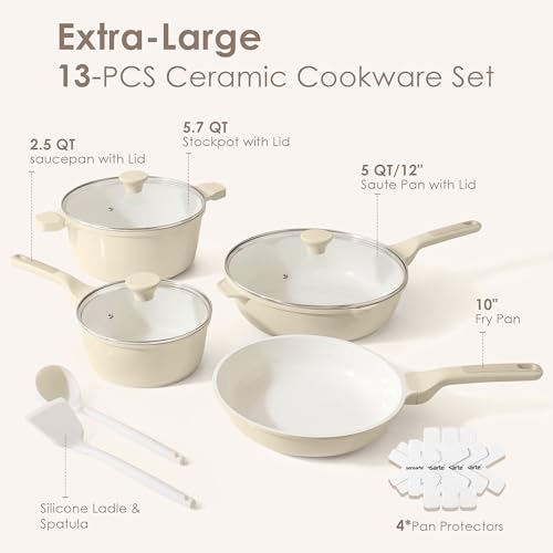 SENSARTE Nonstick Ceramic Cookware Set Large-Size 13-Piece, Healthy Pots and Pans Set, Non-toxic Kitchen Cooking Set with Stay-Cool Handles, PFAS and PFOA Free, Cream White - color: Antique White