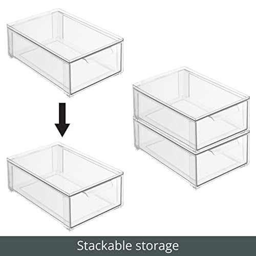 mDesign Plastic Stackable Bathroom Storage Organizer Bin Containers with Front Pull Drawer for Bathroom Countertop, Vanity, Closet Shelves - Holder for Beauty Accessories - Lumiere Collection - Clear - size: 8 x 12 x 4 (Pack of 1)