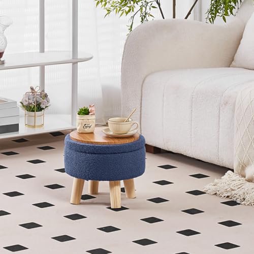 Wimarsbon Storage Ottoman, Modern Round Footrest with Soft Padded Seat, Teddy Velvet Footstool with Wood Legs, Accent Small Table or Plant Stand for Hallway, Living Room (Grey-Blue) - color: Dark Grey Blue