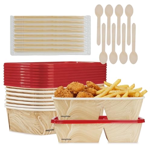 8 Pack 32oz Paper Lunch Box Bento Boxes, 2-Compartment Food Storage Containers with Lids, Leakproof Soak-Proof and Microwave Safe, Disposable To Go Boxes for Picnics, Offices, Catering, Red Lid - color: Red
