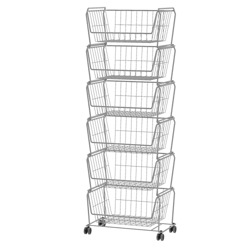 PUSDON 6-Tier Tall Stackable Wire Storage Baskets with Wheels, Vertical Metal Rolling Utility Cart, High Capacity Fruit and Vegetable Produce Basket for Kitchen Pantry, Snack Organizer, Silver Grey - color: Silver Grey, size: 6 Tier Standard