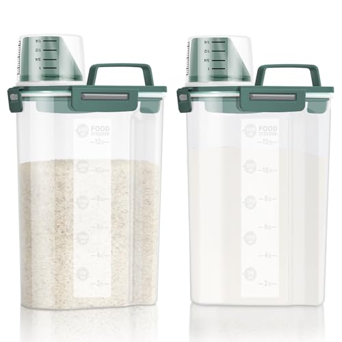 LEAWALK Airtight Rice Storage Container, 3.28Qt Cereal Dry Food Flour and Sugar Bin, Dog Cat Food Dispenser with Measuring Cup, BPA Free Clear Plastic Kitchen and Pantry Organization Bin Green 2Pack - color: Darck Green x 2, size: 3L-2pack