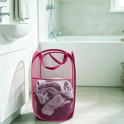 Larpur Popup Laundry Basket, Collapsible Portable Mesh Clothes Washing Laundry Hamper with Reinforced Carry Handles (Pink) - color: Pink
