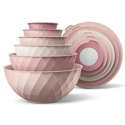 COOK WITH COLOR Mixing Bowls with Lids - 12 Piece Plastic Nesting Bowls Set includes 6 Prep Bowls and 6 Lids, Microwave Safe Mixing Bowl Set, Pink Diamond - color: Pink Diamond