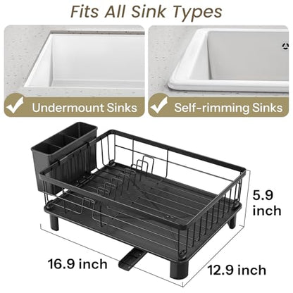 SNTD Dish Drying Rack - Small Dish Rack for Kitchen Counter, Stainless Steel Dish Drainer with Utensil Holder and Drainboard, 12.9" W x 16.9" L (Black) - color: Black, size: 12.9" W x 16.9" L