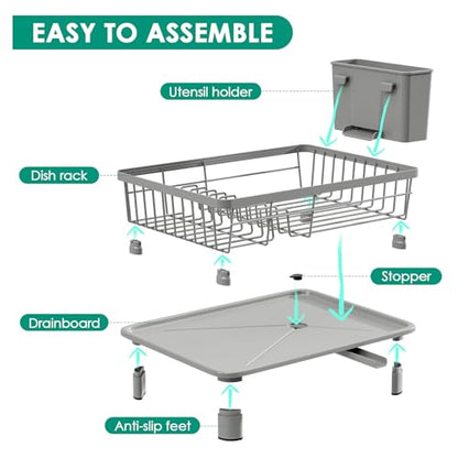 GAOKASE Dish Drying Rack, Stainless Steel-Dish Rack, Dish Racks for Kitchen Counter, Kitchen Dish Drainers with Removable Utensil Holder,New Drain Outlet,Plate Rack and Drainboard,(gray-11 W x 15" L) - color: Gray