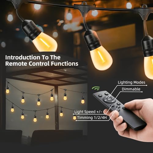 100FT Outdoor String Lights Remote Control Patio Lights Waterproof Commercial Grade, 30+2 Replaceable Dimmable Edison Bulbs, Black 1Pack, Linkable, Hooks and Zip Ties Included - size: 100 feet(Remote)