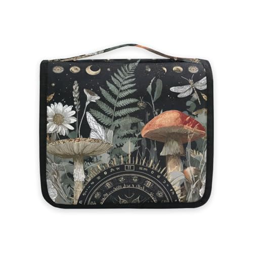 Mushroom Moon Phase Fern Hanging Toiletry Makeup Bag Travel Organizers Toiletries Cosmetics Bag for Women - color: Mushroom Moon Phase Fern