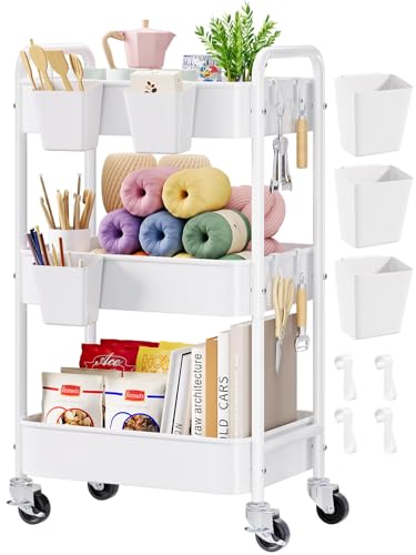 3 Tier Rolling Cart Metal with Wheels, White Three Tiered Craft Cart Organizer on Wheels, Storage Utility Carts for Art, Baby Nursery,Diaper Caddy, Cleaning Supplies, Nail,Lash,Snack,Book,Roller Shelf - color: Light White, size: 3 Tier + Cups + Hooks