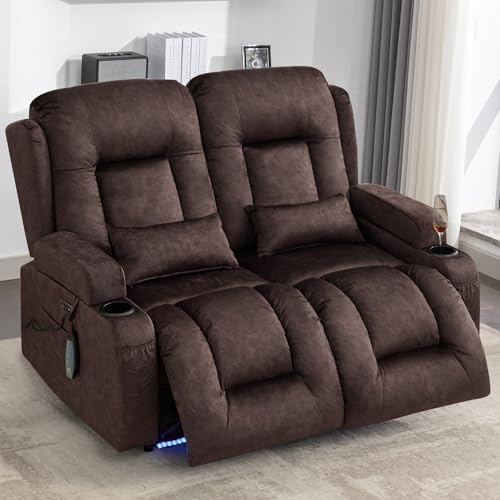 URRED Power Loveseat Recliner Sofa with Massage and Heat, Wall Hugger Reclining Loveseat, RV Couch Home Theater Seating with LED Lights for Living Room (Brown, 54" - 2 Seats) - color: Brown, size: 54" - 2 Seats