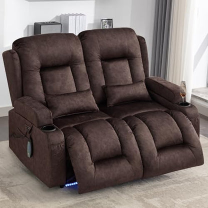 URRED Power Loveseat Recliner Sofa with Massage and Heat, Wall Hugger Reclining Loveseat, RV Couch Home Theater Seating with LED Lights for Living Room (Brown, 54" - 2 Seats) - color: Brown, size: 54" - 2 Seats